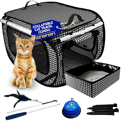 Pet Fit For Life Extra Large Cat Carrier for Travel - Foldable & Portable Collapsible Kennel with Litter Box, Feather Toy & Water/Food Bowl - Ideal for Cars, Long Trips & Indoor Cats - Black Checkers