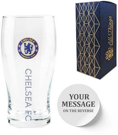 Bicchiere da birra Chelsea con incisione personalizzabile, realizzato con tulipano ufficiale Chelsea F.C., in confezione regalo, capacità 570 ml, bicchiere da birra a tema calcio