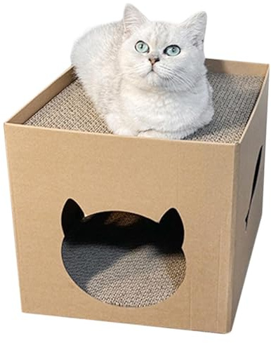 Maison pour Chat avec Planche à Gratter, Griffoir, Boîte en Carton Ondulé d'Intérieur, Lit en Carton pour et Jouer, Jouet, 30x30 0cm