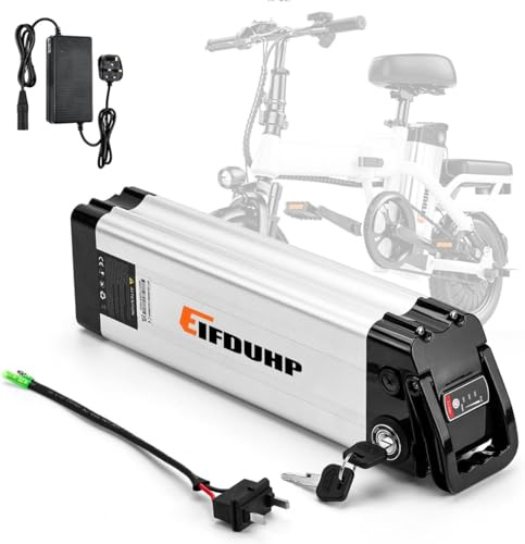 36V Ebike Battery 10AH, Folding Electric Bike Lithium Battery with 2 Pin Discharge Port, Charger, Safe Lock, LED Battery Level Light for 350W-50W Electric Bicycle Motor
