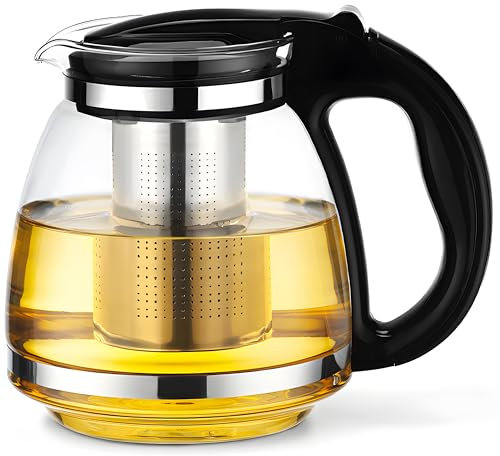 Retoo Glaskanne mit sieb, Teekanne mit Teesieb Feinmaschiger Filter Kapazität 2L Hitzebeständig Teebereiter mit Deckel Siebeinsatz Nicht Beheizter Griff 16 x 15 x 22 cm