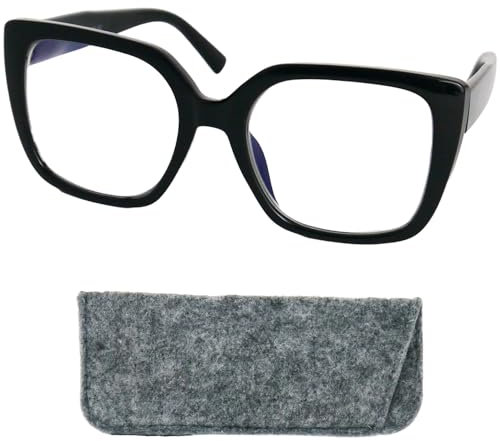 Mini Brille - Occhiali da Lettura a Farfalla Rettangolari con Montatura Grande in Plastica e Lenti Resistenti ai Graffi (Nero), Custodia, Oversize Occhiali per Leggere Donna +2.0 Diottrie