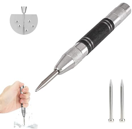 Pointeau automatique avec 2 pointes de rechange - Grain à ressort - Grain de veine avec effet de ressort réglable à une main - Pour métal, bois, verre, tôle d'acier