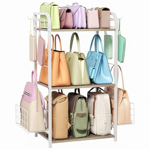White Purse Organizer, 3-Tier Floor Standing Bag Rack Stand Featuring Side Hooks and Baskets, Adjustable Feets, High Capacity Metal & Wood Handbag Holder Design for Closet Storage, Patent Pending