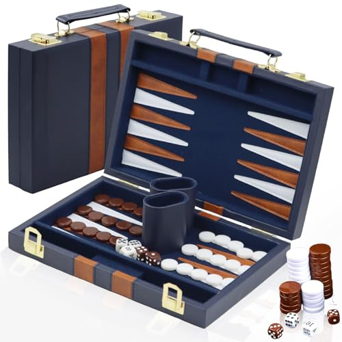 YUJUVI Backgammon Set legno Valigetta Backgammon da 11 pollici con Accessori Complet con Custodia in Pelle di Alta Qualità Set Portatile da Viaggio (11pollici, blu navy)