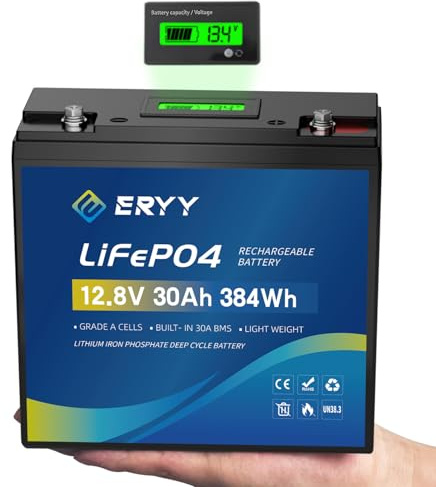 ERYY LiFePO4 Lithium Battery 12V 30Ah with 30A BMS & LCD Voltmeter, 5000+ Deep Cycles, Lightweight Rechargeable Lithium Iron Phosphate Battery for RVs, Camping Gears, Trolling Motor, Solar