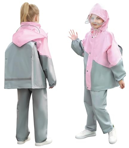 JiAmy Kids Waterproof Suit, Girls Boys 2-Piece Raincoat School Rain Suit with Portable Storage Bag Pink and Grey for 8-9 Years