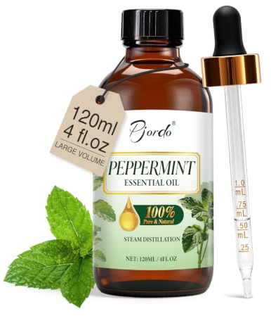 Pjordo 120ml Peppermint Essential Oil, 100% Pure & Natural Peppermint Oil for Diffusers, Spray, Aromatherapy, Massage, Hair & Skin Care, Mint Fragrance Oil for DIY Candle Soap Making