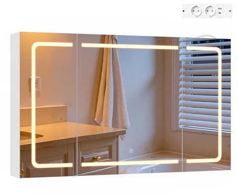 EUGAD Armario Baño con Espejo, Mueble Baño Colgar con Luz Táctil 3 Colores, Armario Pared de 6 Compartimentos, 3 Puertas, con Enchufes y Ganchos, Baldas Ajustables, 100x60x14,5 cm, Blanco, Nórdico