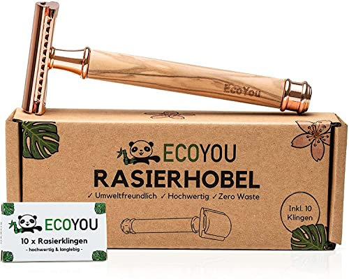 EcoYou Rasierhobel Damen (Rosé-Gold) - nachhaltiger Rasierer aus Olivenholz (Zero Waste) für Frauen inkl. 10 Ersatz-Klingen - Damenrasierer für Nass-Rasur von Intimbereich & Co.