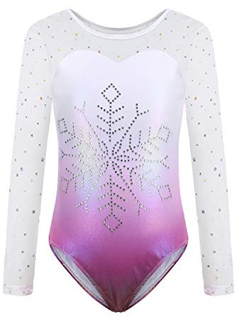 Sinoeem Justaucorps de Gymnastique pour Filles à Manches Longues avec épissure de Diamant Robe Dégradé de Couleur étincelante (Rose Briller-manches longues, 9-10 ans)