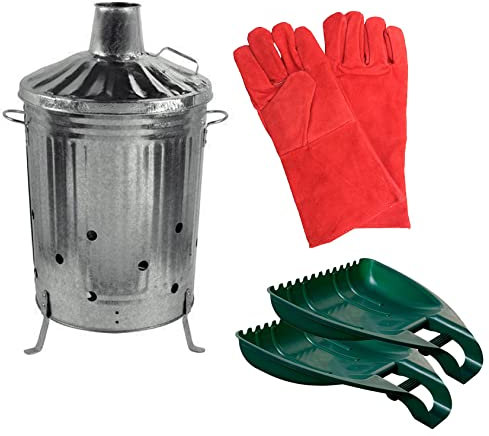 Easy Shopping 90Litre Metal Galvanised Garden Incinerator Extra Hole Fire Bin Burning Leaves Paper Wood Rubbish Dustbin With Free Glovs + Leaf Graber Made In U. K.
