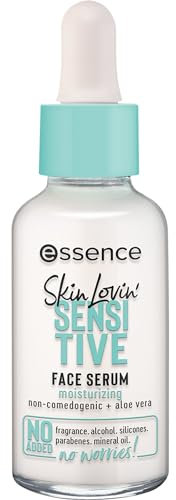 essence cosmetics Skin Lovin' SENSITIVE FACE SERUM, Intensivpflege, Konzentrat, weiss, für sensible Haut, beruhigend, Haut, grundierend, hautglättend, pflegend, natürlich, vegan, ohne Parfüm (30ml)