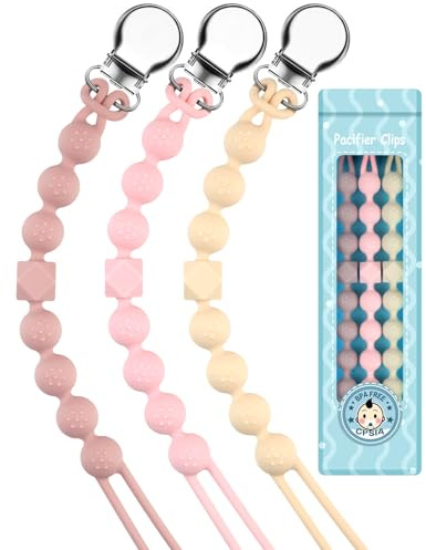 Kowlone Catenella Portaciuccio Silicone Ciuccio Clips Catena Succhietto per Ragazzi Ragazze Regalo Nascita Battesimo Baby Compleanno Natale 3 Pezzi(Rosa)