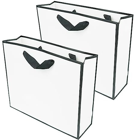 PACK4YA Papier-Geschenktüten mit Schleifenband, Geschenktüte mit Henkel für Geburtstag, Hochzeit, Weihnachtsfeier, Einkaufen, Babyparty 27x8x21 cm (Weiß, schwarzer Rahmen, 2 Stück)