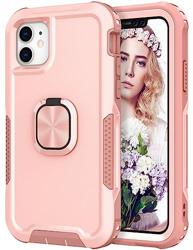 iPhone 11 Case Shockproof iPhone 11 Phone Case with Ring Military Grade Full Protective TPU Bumper Hard PC Back Cover Built-in Magnetic Kickstand Car Mount, Pink