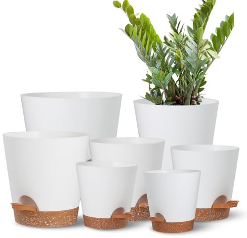 Selbstbewässerungstöpfe 7Stück/Satz Pflanztöpfe für alle Zimmerpflanzen,Sukkulenten/Kaktus-Pflanztöpfe mit Abflussloch und Reservoir Faulenzer-Pflanztöpfe, weißer Kunststoff-Blumentopf Geschenkideen