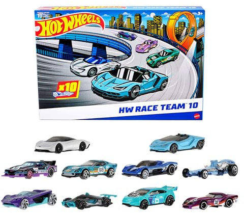 Hot Wheels Spielzeugautos, 10er-Pack mit Rennautos, enthält Corvette, Lamborghini, McLaren und Hot Wheels Originals im Maßstab 1:64, HYM96 (Verpackung kann variieren)