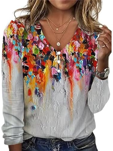 GRMLRPT Chemisiers Col en V de Plage Femme Blouses pour Femme Tunique Décontractée Vintage Tops Casual Manche Longue pour Quotidien (Gris,L)