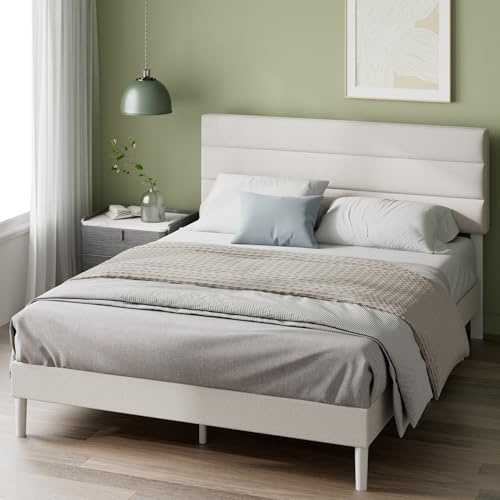 Zinus Piper Struttura Letto 160x190 cm con Testiera - Altezza 30 cm - Letto Matrimoniale Imbottito con Rete a Doghe in Legno - Facile da Montare - Bianco Sporco