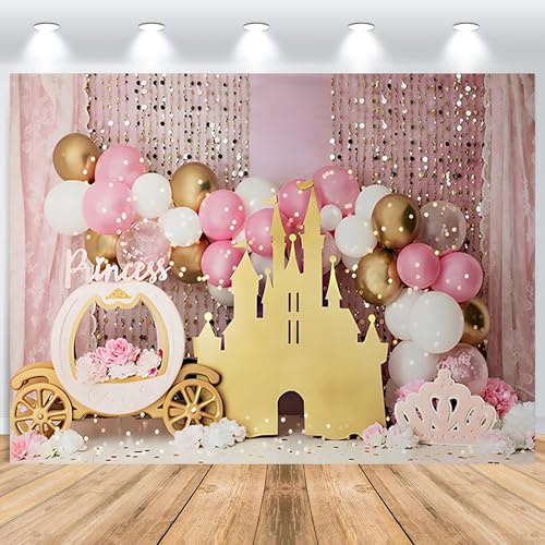 ASDCXZ Fond d'anniversaire de Château de Princesse 2,2 x 1,5 m, Château d'or Citrouille Voiture Rose Ballon Photographie Fond Filles Premier Anniversaire fête gâteau Table décoration