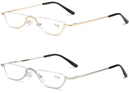 Viseng 2 Pack Mini Halbmond Halbrahmen Lesebrille ultradünne metall material rahmen Lesebrille Leicht Komfortable unisex 2.5
