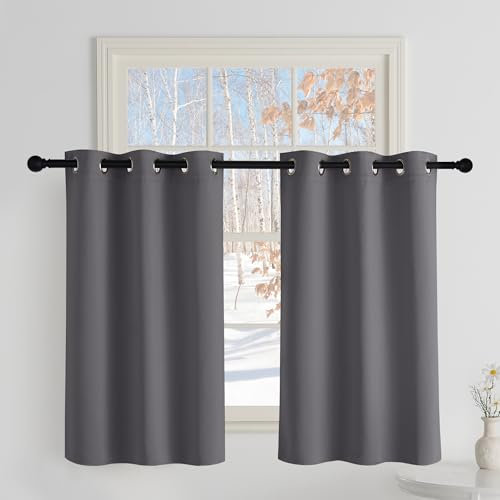 PONY DANCE Cortinas Dormitorio Cortas Aislantes Termicas Frio Cortinas Opacas Blackout para Salon Modernas Cocina Comedor con Ojales,90x100cm,Gris