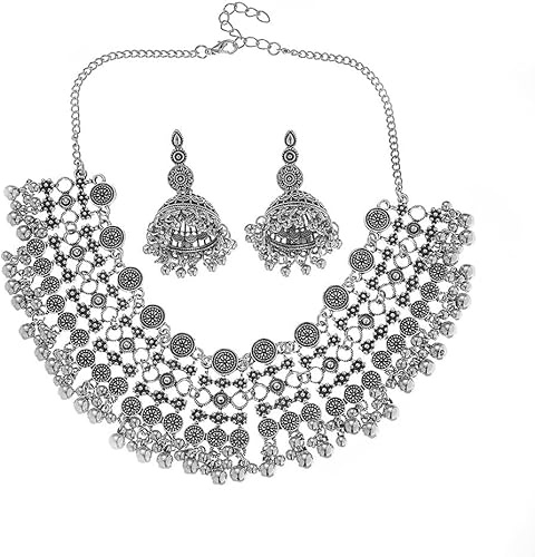 TTPSRY Conjunto Joyería Étnica Collar Gargantilla Cascabeles Pendientes Jhumka Estilo Indio Bohemio Artesanal Tradicional