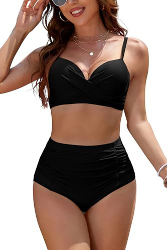 SHEKINI Maillot Bain Femme 2 Pieces Taille Haute Femme Bikini Set avec Armature Push Up(L, Noir)
