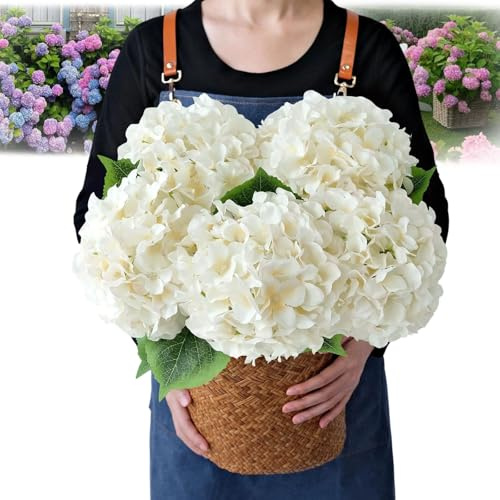 Outdoor Artificial Hydrangea Flowers, 2025 New 3D Artificial Plants Outdoor Uv Resistant, 20Inch Lifelike Fake Flowers No Fade , Faux Plants for Garden Porch Window Box Decorating (Champagne,5PCS)
