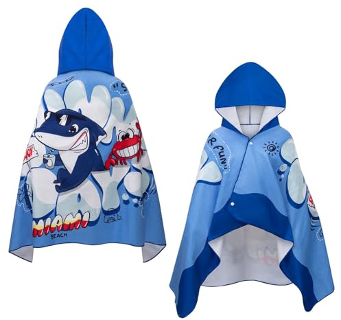 jooeer Toalla Poncho Niño, Poncho Surf Toalla de Playa con Capucha para Niños Niñas Natación Baño, Secado Rápido, Ligero, Azúl