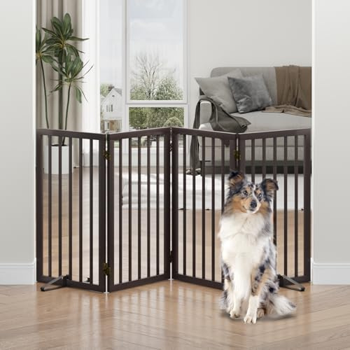 Tall Dog Gates for Doorways, Foldable Dog Gate Indoor, Freestanding Pet Gates for Doorways Bedroom, Puppy Gate with Metal Support Feet, Room Divider,4 Panels (brown)