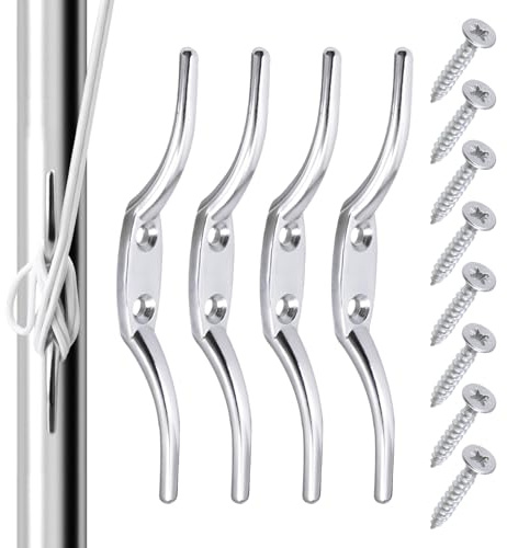 KIBBEH 4PCS 150mm Silver Marine Cleat Hooks - Extra Large Metal Rope Cleats for Boat, Dock, Kayak, Flagpole & Laundry Lines - Weatherproof Rust-Free Hooks with Easy Installation (Value Pack)