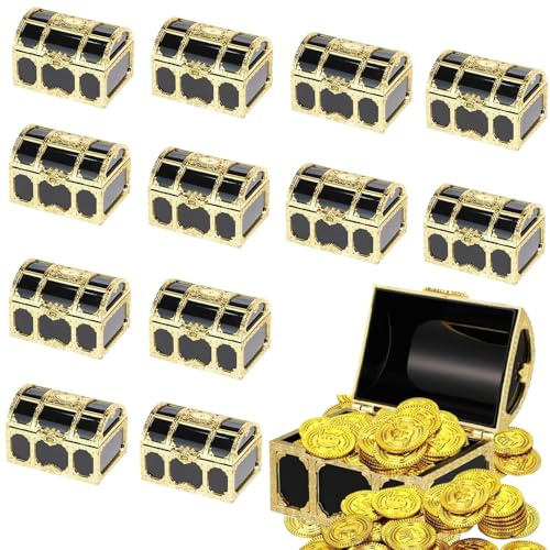 DUOHERESHUI 12 Piezas Piratas Del Tesoro Cofre Tesoro, Cofre Pirata Plástico, Con 30 Monedas De Oro De Plástico, Pequeño, Vintage, Juego De Rol, Para Fiestas Piratas, Decoraciones, Cumpleaños, Negro