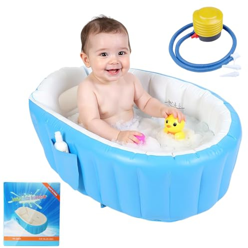 Anluomafuy Bañera Hinchable Bebe, Bañera Inflable Bebe con Bomba de Aire, Hinchable Anti-Resbaladiza Piscina, Bañera Portátil para Bebés,Mini Piscina de Aire Plegable para Bebés, Recién Nacidos (azul)