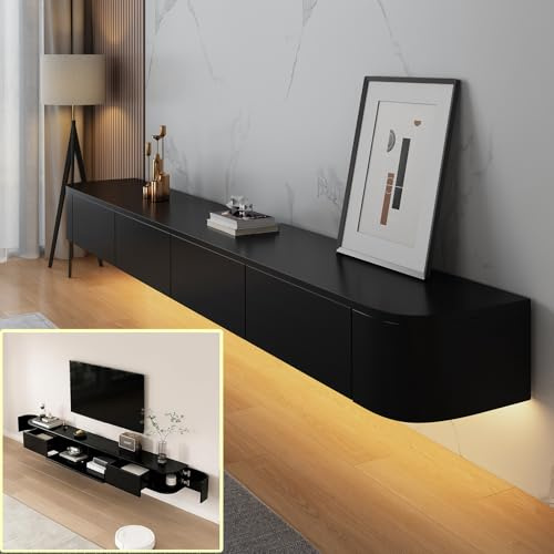 XDXINY Consola de medios de TV, mueble de TV flotante, montado en la pared, varios bancos de almacenamiento grandes, debajo de la televisión, encimera baja con cajones, soporte fresado (negro-b, LED
