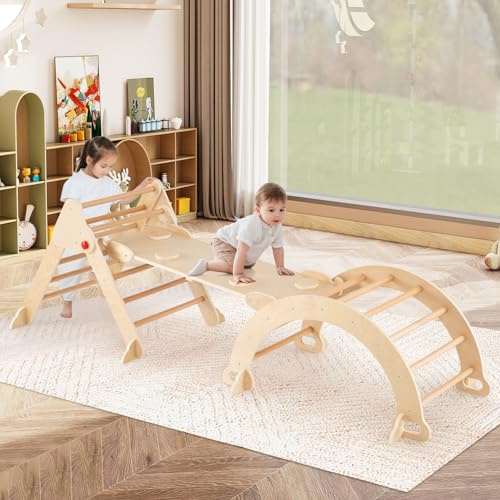 GYMAX Set da Arrampicata per Bambini, Telaio Multifunzionale da Arrampicata, in Legno, Design Pieghevole, Altezza Regolabile, con Arco, Triangolo e Tunnel, Parco Giochi per Bambini da 3+ Anni