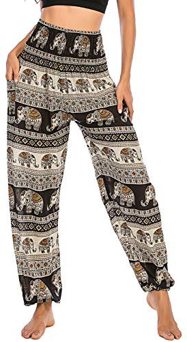 Nuofengkudu Damen Hippie Pumphosen mit Taschen Muster High Waist Haremshose Boho Luftige Bequeme Luftige Sommer Thai Hosen Yogahose Strandhosen Festlich(X-Elefant Schwarz)