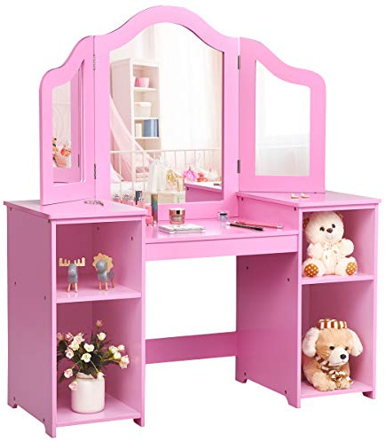 GOPLUS Sminkbord för barn, prinsessa, toalettbord med avtagbar spegel, kosmetiskt trä (rosa utan låda och stol)