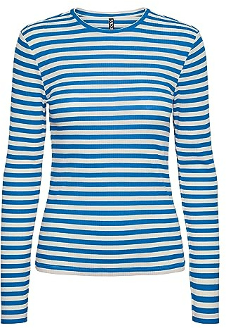 Pieces Maglietta a Maniche Lunghe da Donna Pcruka LS Top Noos, Blu Francese/Strisce: Cloud Dancer, M