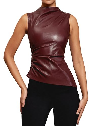 BAIMORE Dam Street Solid Mock Neck Ärmlöst PU-läder Plisserad Slim Fit Tank Top, Vinrött, L
