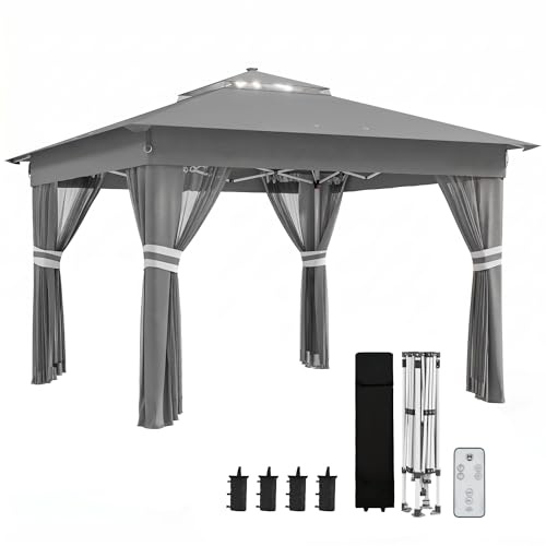 Outsunny Fällbar paviljong ca. 3 x 3 m, paviljong med LED, 4 nätgardiner, sidovägg, trädgårdspaviljong med vattensäck, dubbeltak, bärväska, för balkong, terrass, mörkgrå