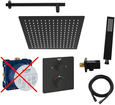 vanvilla Duschsystem mit Unterputz Duscharmatur von Grohe Grohtherm Thermostat und vanvilla Regendusche mit Armatur, Duschkopf, Dusch-SET GS05-ob schwarz matt