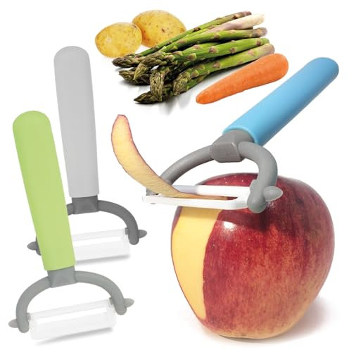 com-four® 3x Sparschäler mit Keramikklinge für Obst und Gemüse - besonders scharfer Universalschäler - rostfreier Peeler - Schäler mit Pendelklinge aus Keramik (3 Stück - grün. blau. grau)