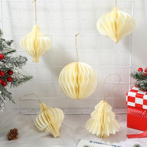 Namalu 12 bolas de adorno de panal con borde brillante, decoración de árbol de Navidad, adorno de papel colgante para árbol de Navidad vintage, decoración de fiesta en el hogar (blanco)