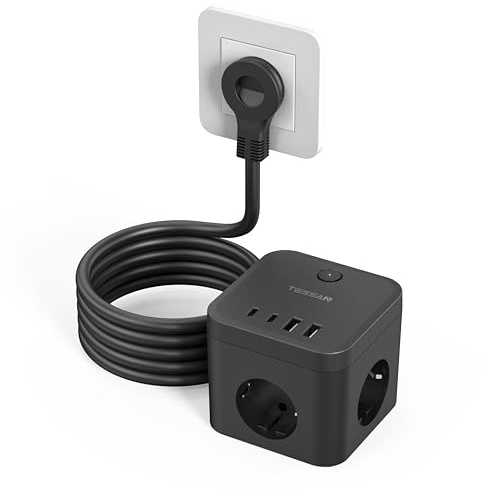 TESSAN Regleta Enchufes con USB C PD 20W Carga Rápida, Ladron Enchufe Plano de 3 Tomas con 4 USB, Cubo Triple Multiple con Interruptor, 3680W Toma de Alargador 1,5M, Negro