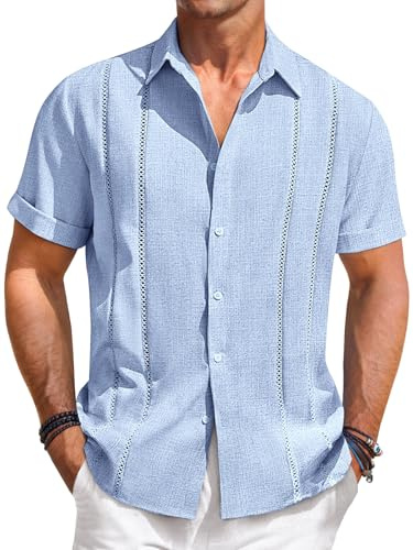 Runcati Camisa de manga corta para hombre, estilo guayabera, camisa de verano, ligera, con botones, playa y corte regular informal, azul celeste, L