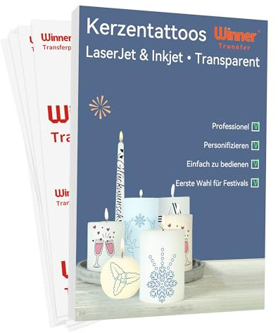 WinnerTransfer Pellicola scorrevole ad acqua per candele battesimi, set A4 x 10, pellicola per trasferimento di candele, per stampanti laser/getto d'inchiostro, adesivi per candele, tatuaggi, carta