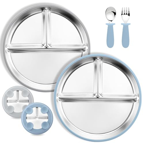 Neuytiky Set De 2 Assiettes En Acier Inoxydable Avec Ventouse Pour Bébé Et set De 1 Cuillères Et Fourchettes, Repas Antidérapant pour Bébé, non toxique et sans BPA