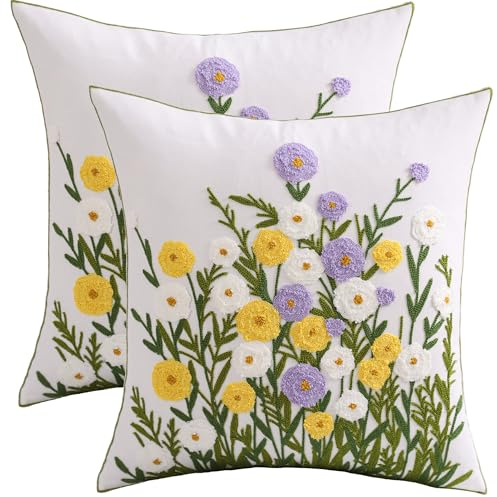 Tosleo 2 fundas de cojín de flores amarillas de 45 x 45 cm para jardín de primavera de algodón bordado, fundas de cojín modernas decorativas para sofá, dormitorio, casa de campo, decoración al aire